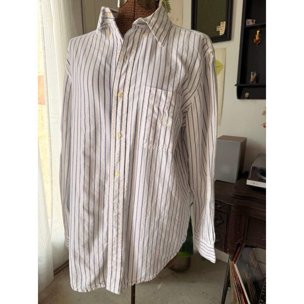 Chaps Blue White Striped Button Down Shirt Medium 100% Cotton Preppy Coastal
